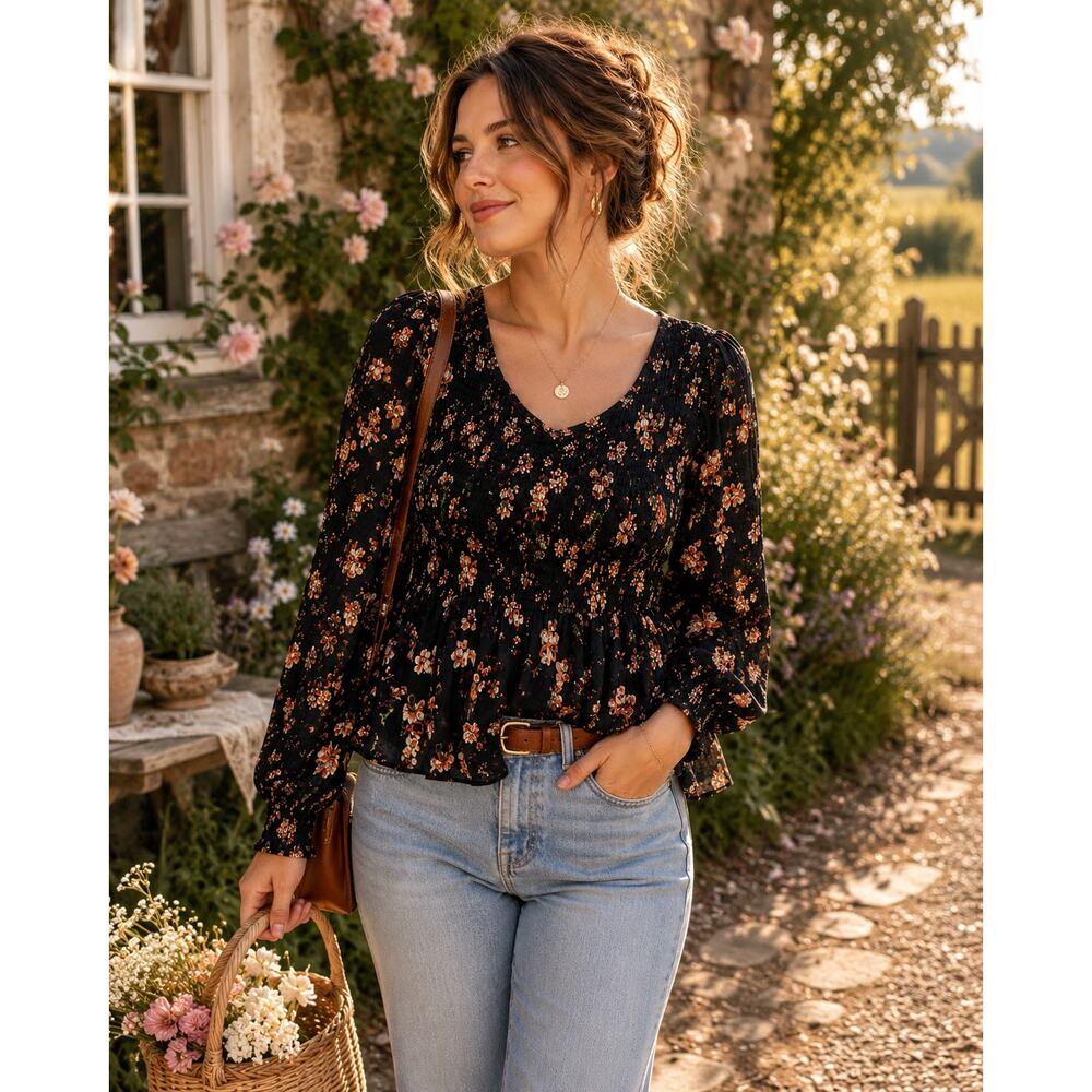 Old Navy Floral Smocked Peplum Blouse Long Sleeve Cottagecore Top L